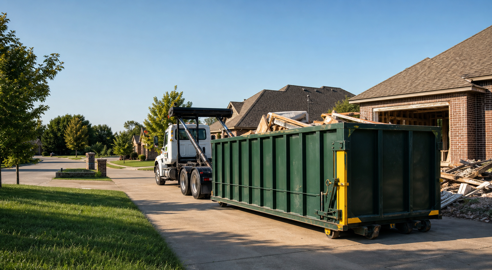 Dumpster delivery truck at a residential construction cleanup site